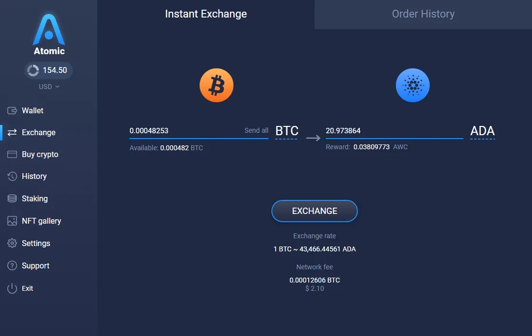 Swapping crypto in Atomic Wallet