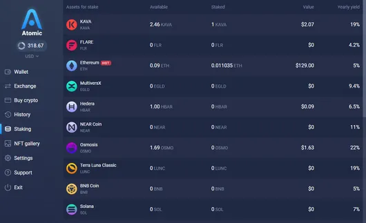 KAVA staking interface in Atomic Wallet