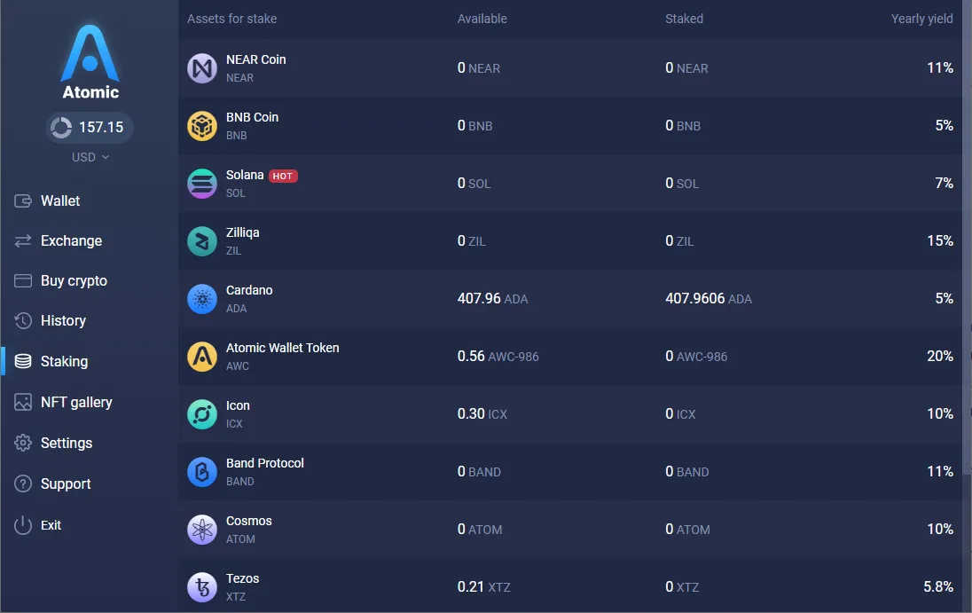 Desktop staking interface in Atomic Wallet